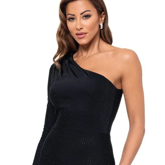 Xscape Black Rhinestone Embellished One-Shoulder Jersey Dress 12 NWT Formal Gown - Picture 4 of 7